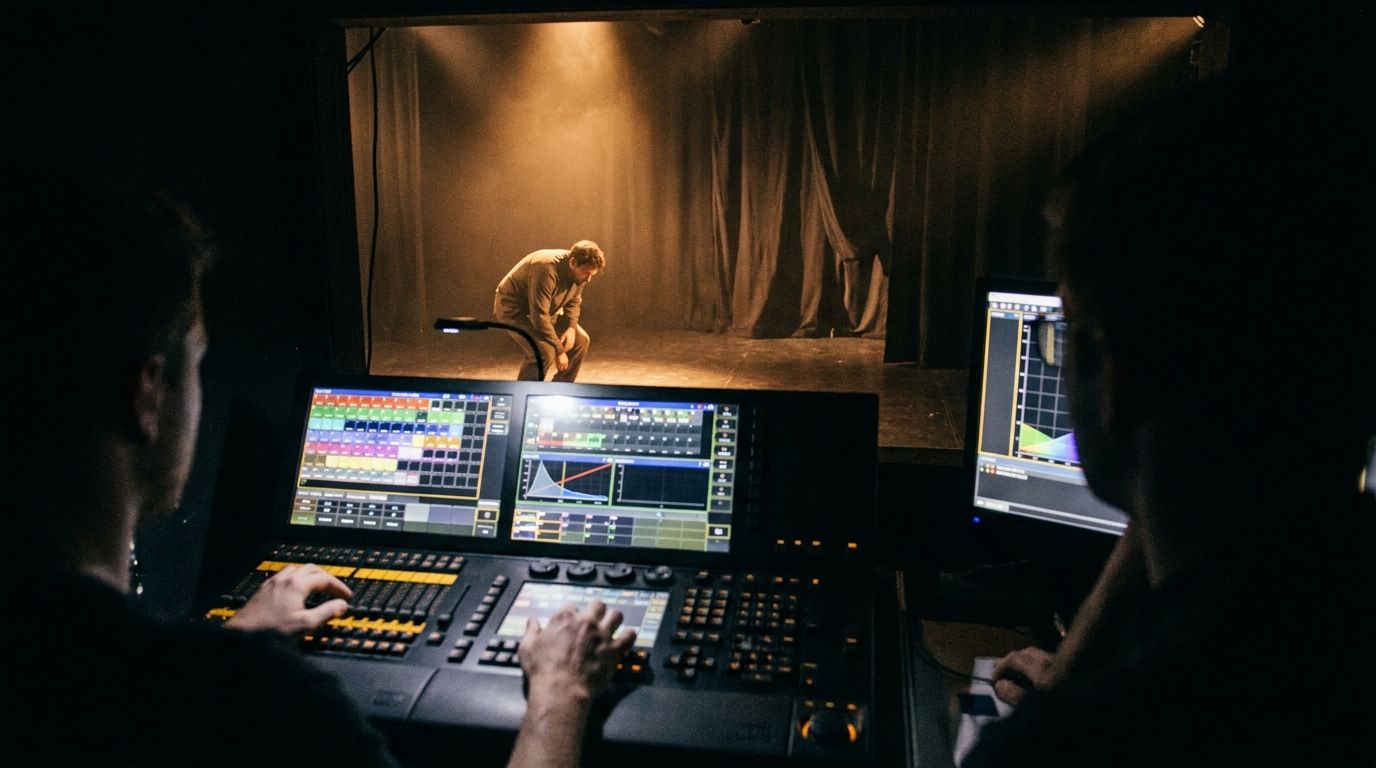 Lighting console at front of house — black-box theatre