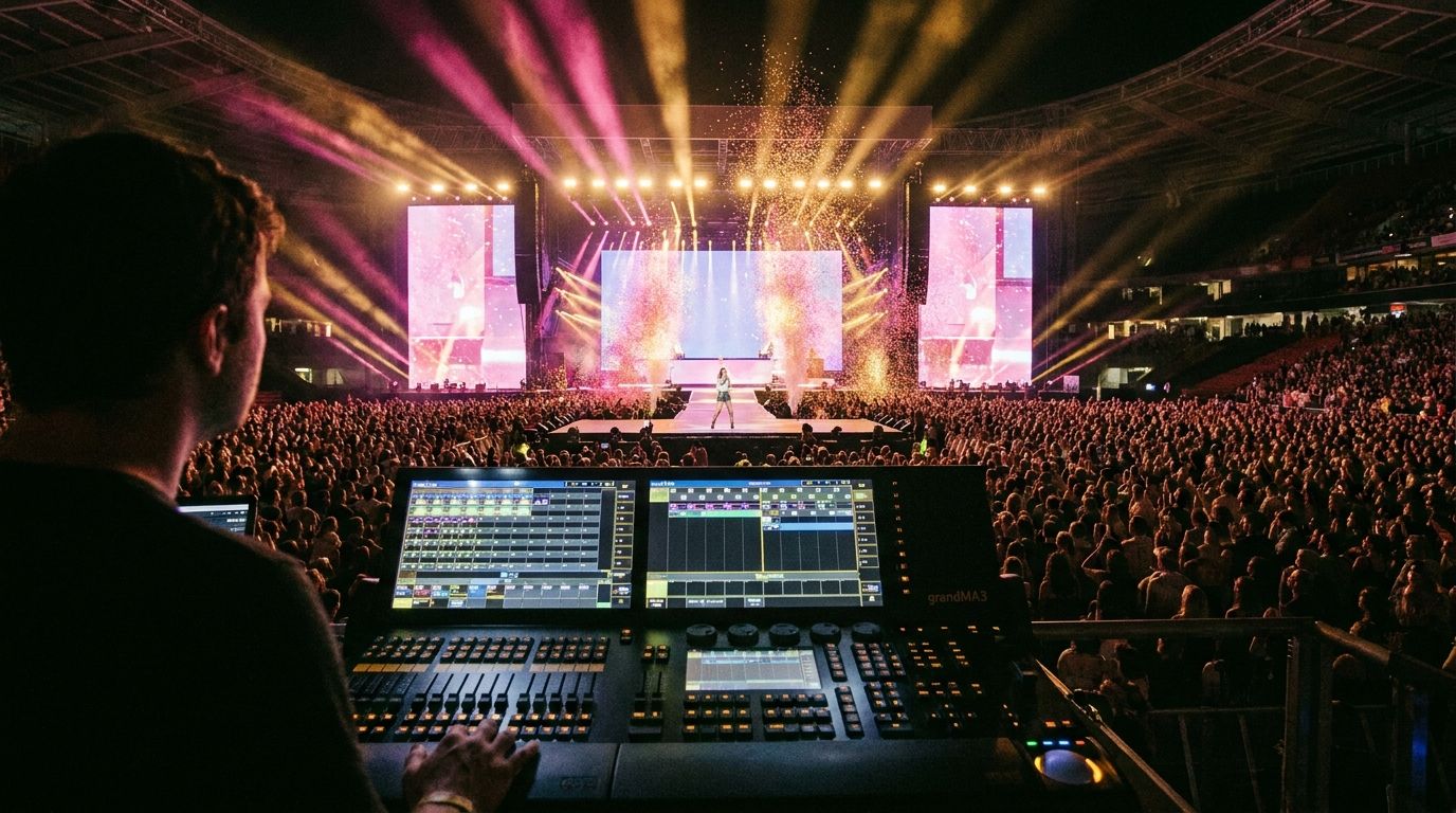Lighting console at front of house — stadium pop show