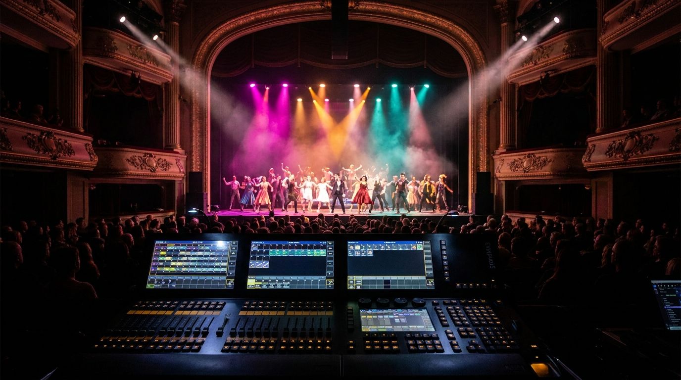 Lighting console at front of house — West End musical